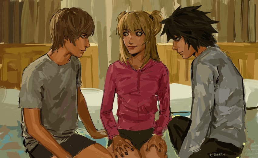 yagami light, l, and amane misa (death note and 1 more) drawn by ekar1n