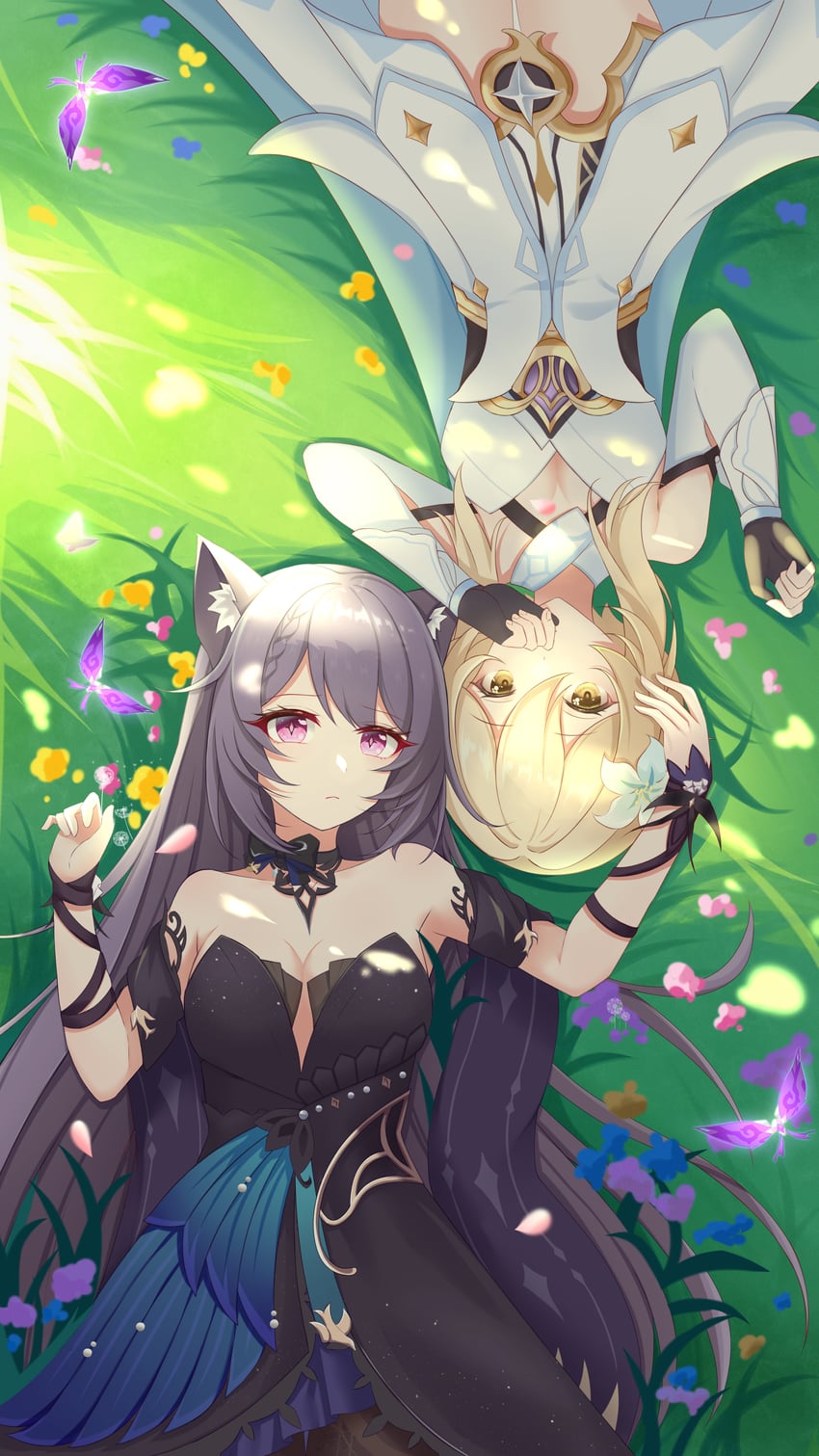 lumine, keqing, and crystalfly (genshin impact) drawn by zhui_ming_ying_xue
