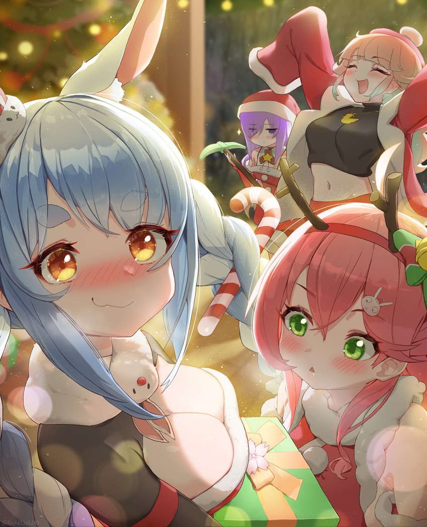 usada pekora, sakura miko, takanashi kiara, don-chan, moona hoshinova, and 1 more (hololive and 3 more) drawn by keureu_(tiqkdtiqkd10)
