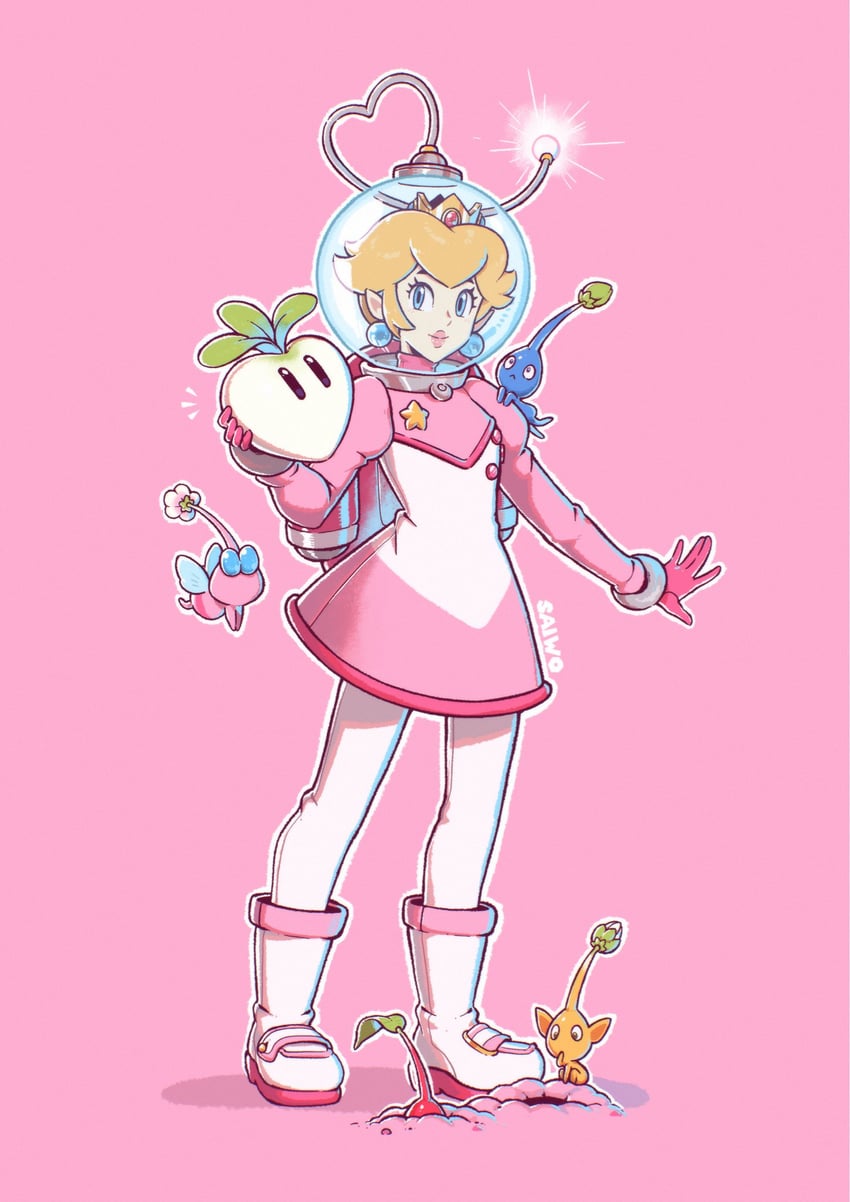 princess peach, red pikmin, yellow pikmin, blue pikmin, and winged pikmin (mario and 1 more) drawn by saiwo_(saiwoproject)