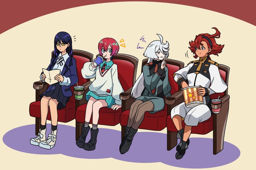suletta mercury, miorine rembran, amate yuzuriha, and nyaan (gundam and 2 more) drawn by takanabeasami