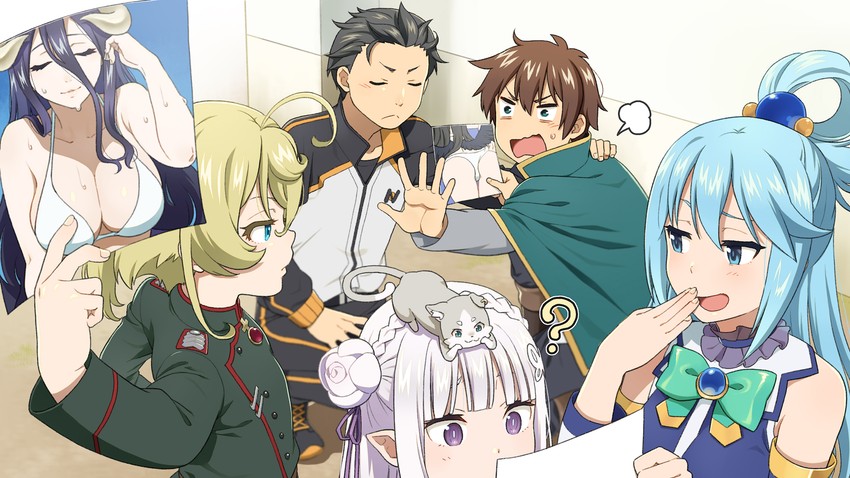 aqua, emilia, satou kazuma, natsuki subaru, albedo, and 2 more (kono subarashii sekai ni shukufuku wo! and 4 more) drawn by mattaku_mousuke