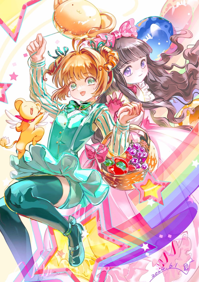 kinomoto sakura, kero, and daidouji tomoyo (cardcaptor sakura) drawn by yukmomo