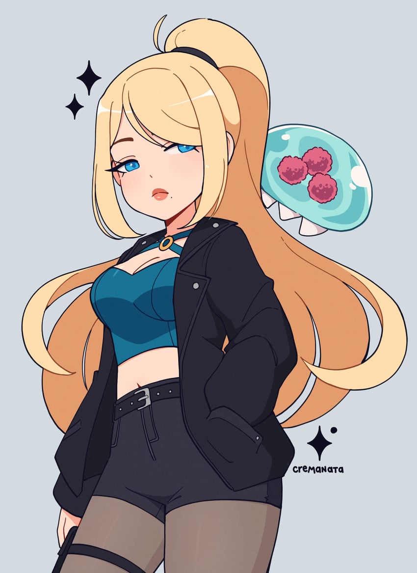 samus aran, metroid, and metroid larva (metroid) drawn by cremanata