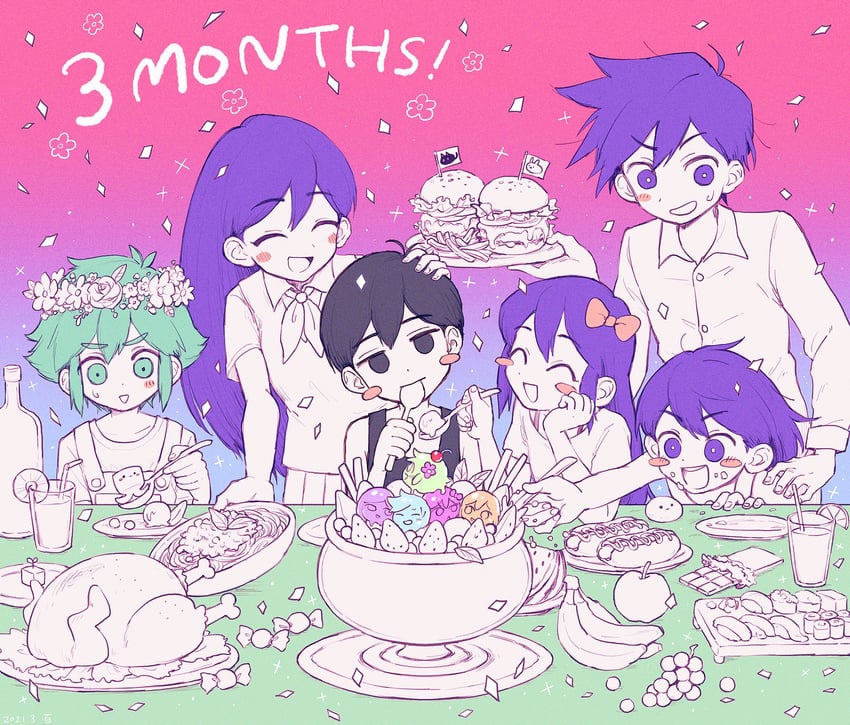 omori, basil, aubrey, mari, kel, and 1 more (omori) drawn by hyaku_(momongamomomo)