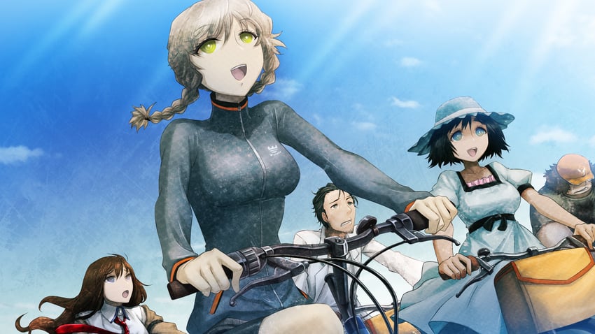 makise kurisu, okabe rintarou, shiina mayuri, amane suzuha, and hashida itaru (steins;gate) drawn by huke