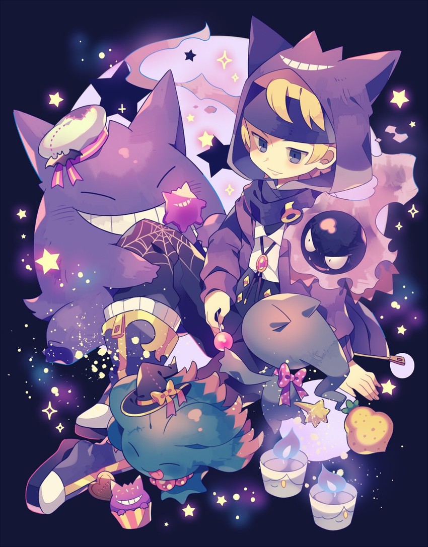 gengar, litwick, gastly, banette, misdreavus, and 1 more (pokemon and 1 more) drawn by yumenouchi_chiharu
