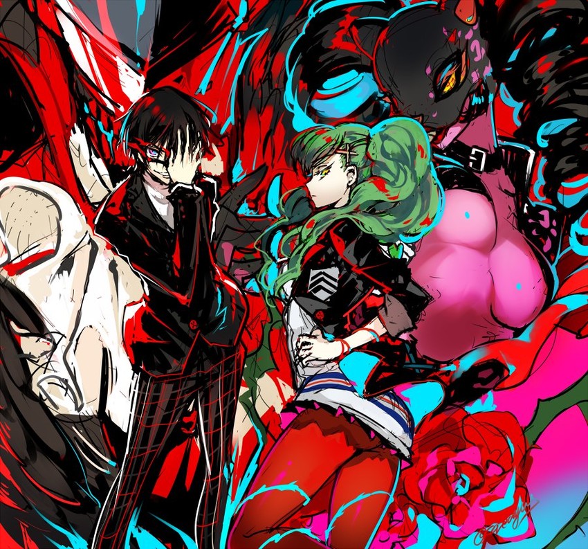c.c., amamiya ren, lelouch vi britannia, takamaki anne, arsene, and 2 more (persona and 2 more) drawn by creayus