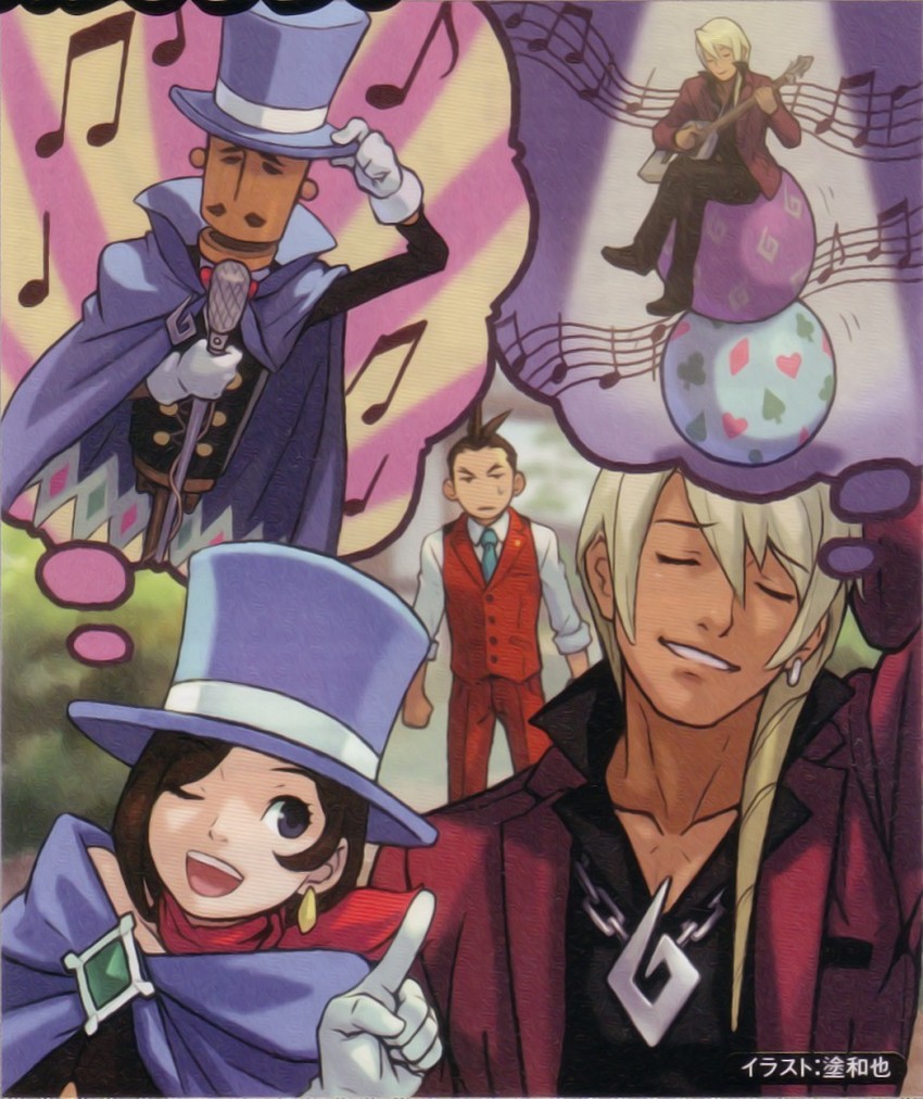apollo justice, trucy wright, klavier gavin, and mr hat (ace attorney and 1 more) drawn by nuri_kazuya