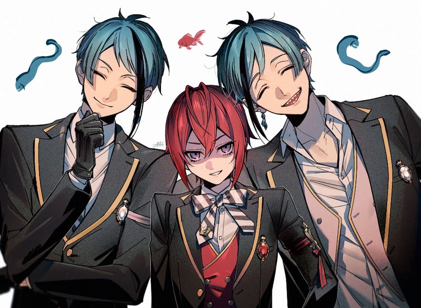 floyd leech, jade leech, and riddle rosehearts (twisted wonderland) drawn by maka_(mksrw)