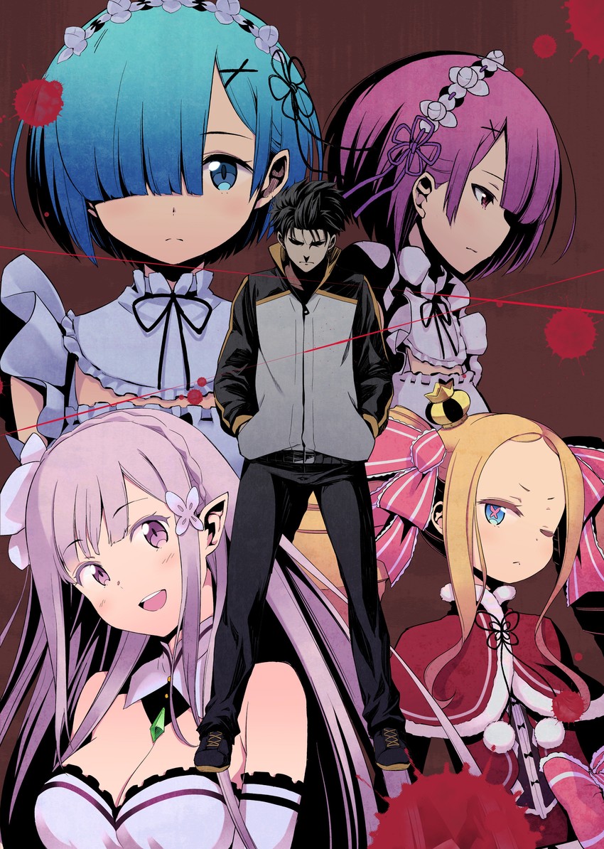 rem, emilia, ram, natsuki subaru, and beatrice (re:zero kara hajimeru isekai seikatsu) drawn by fuugetsu_makoto