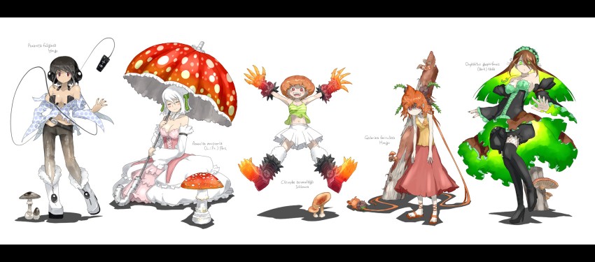 omphalotus japonicus, amanita muscaria, amanita fuliginea, paralepistopsis acromelalga, and galerina fasciculata (oso-teki kinoko gijinka zukan) drawn by oso_(toolate)