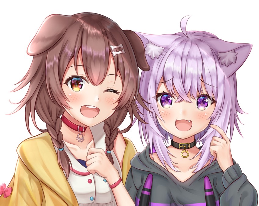 nekomata okayu and inugami korone (hololive) drawn by namekuji_ojiichan