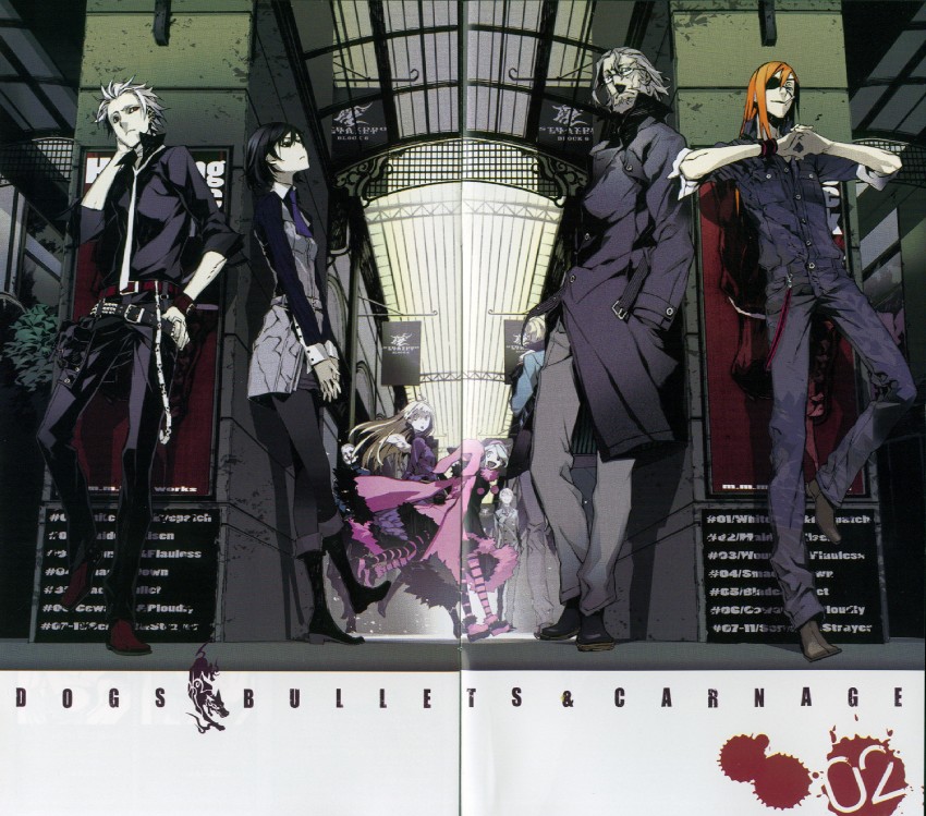 fuyumine naoto, haine rammsteiner, noki, luki, nill, and 3 more (dogs: bullets & carnage) drawn by miwa_shirow