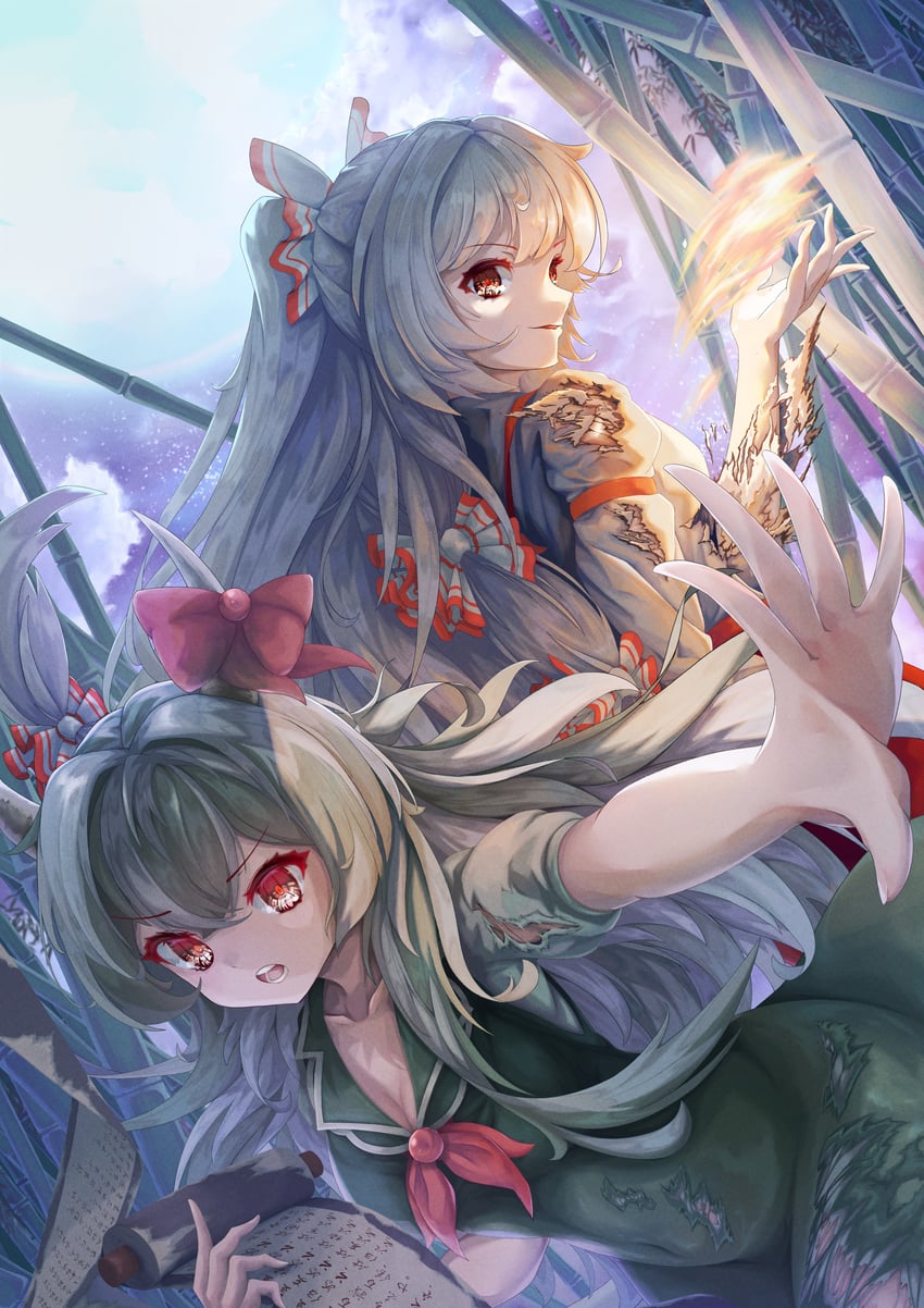 fujiwara no mokou, kamishirasawa keine, and ex-keine (touhou) drawn by cheesegyuudon09