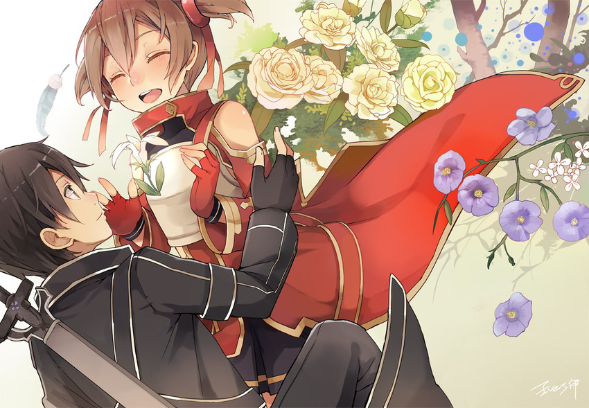 kirito and silica (sword art online) drawn by evers