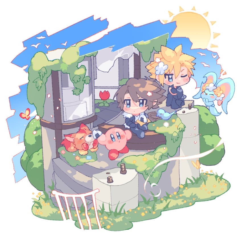 cloud strife, kirby, squall leonhart, elfilin, morpho knight, and 1 more (final fantasy and 5 more) drawn by pokashi