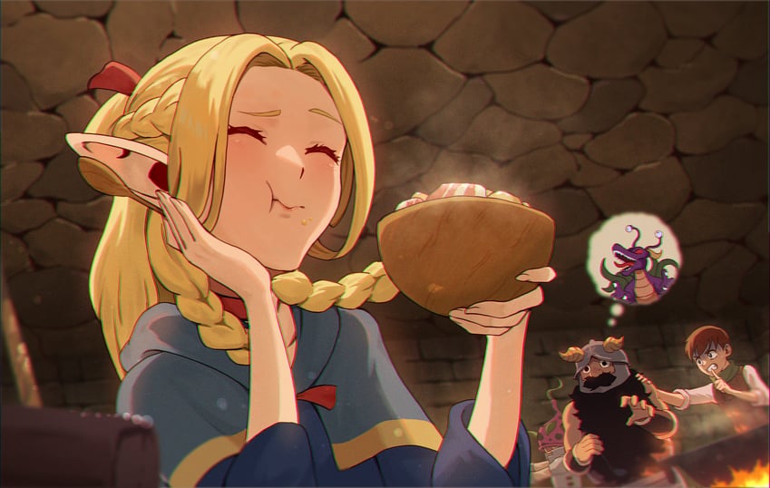 marcille donato, senshi, and chilchuck tims (dungeon meshi) drawn by matsumotoshinnnosuke