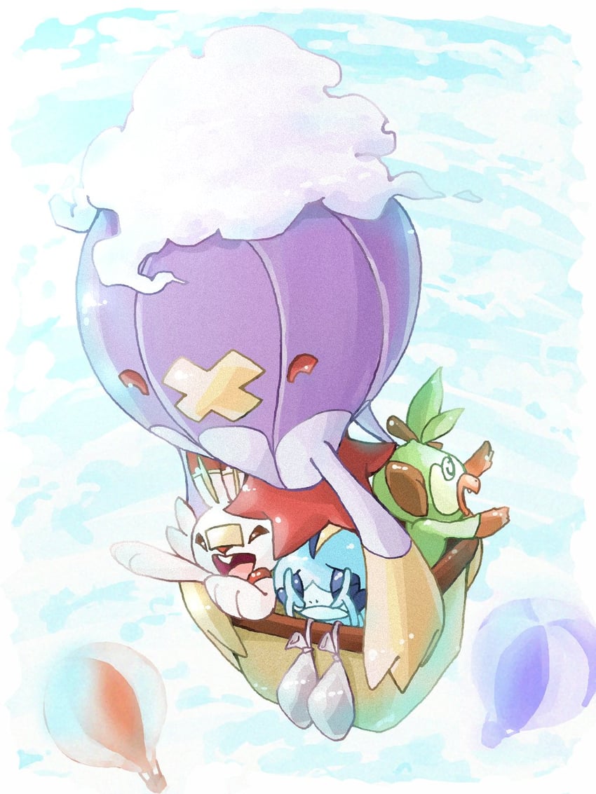 scorbunny, sobble, grookey, and drifblim (pokemon) drawn by tartarte_tatin