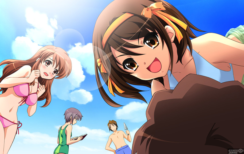suzumiya haruhi, nagato yuki, asahina mikuru, kyon, and koizumi itsuki (suzumiya haruhi no yuuutsu)