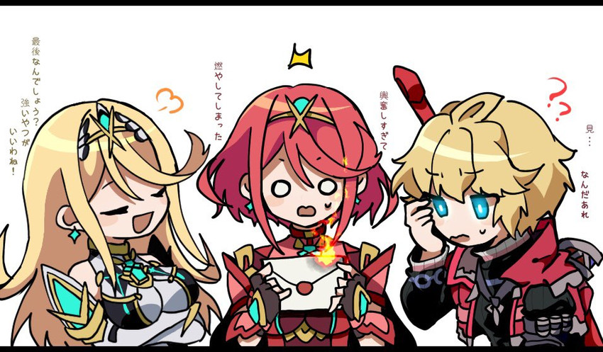 pyra, mythra, and shulk (xenoblade chronicles and 3 more) drawn by mugimugis