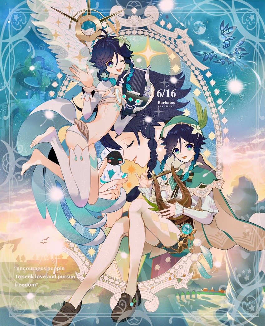 venti, barbatos, dvalin, and nameless bard (genshin impact) drawn by naru9
