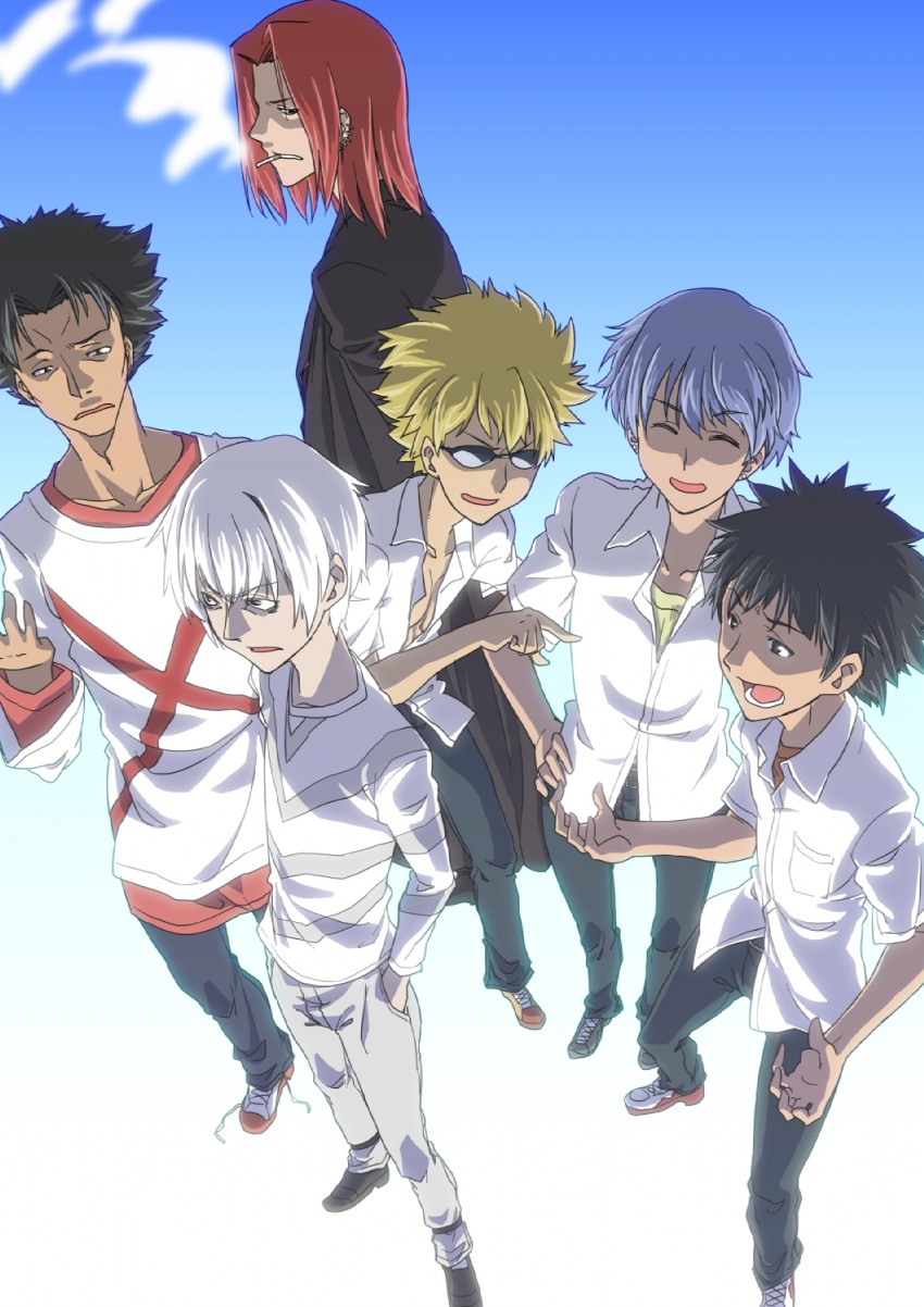 kamijou touma, accelerator, tsuchimikado motoharu, stiyl magnus, aogami pierce, and 1 more (toaru majutsu no index and 1 more) drawn by kaeru_kenshi