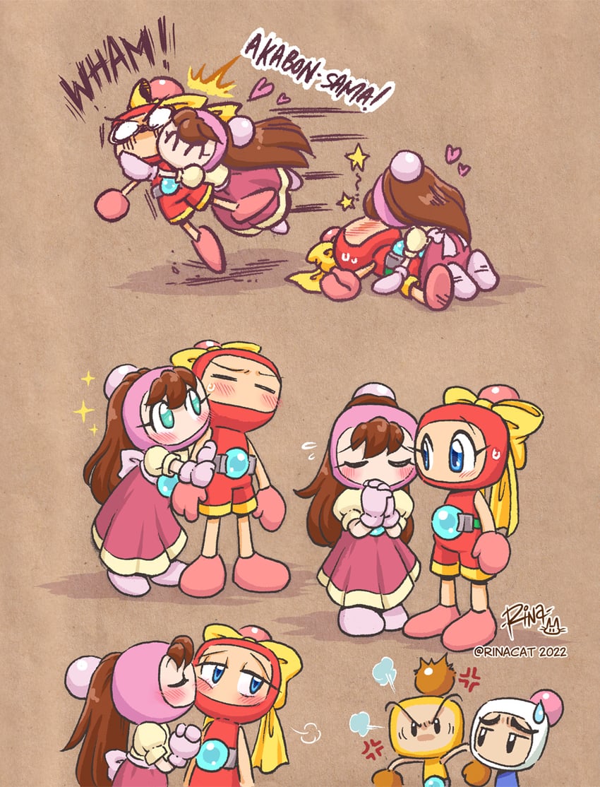 white bomberman, pink bomber, red bomber, and yellow bomber (bomberman and 1 more) drawn by rina_cat