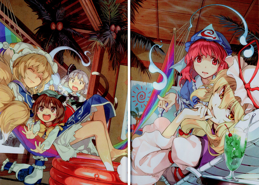 konpaku youmu, yakumo yukari, saigyouji yuyuko, yakumo ran, and chen (touhou) drawn by hidari_(left_side)