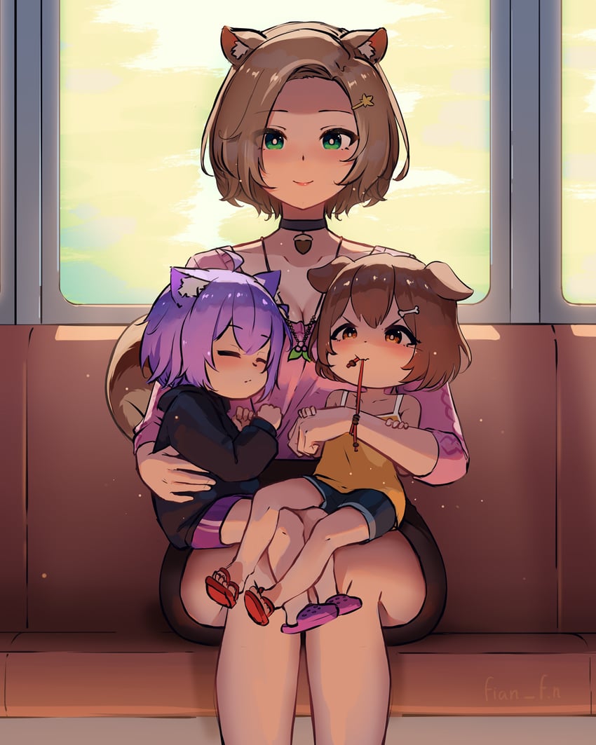 nekomata okayu, inugami korone, and ayunda risu (hololive and 1 more) drawn by fian_f.n
