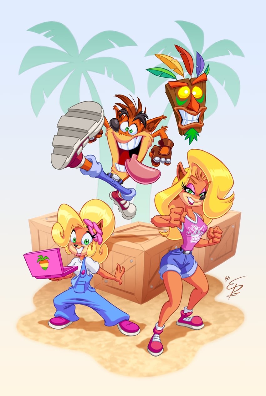 coco bandicoot, crash bandicoot, tawna bandicoot, and aku aku (crash bandicoot) drawn by elton_portilho
