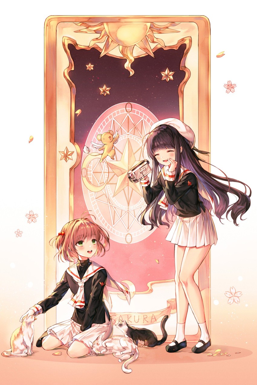 kinomoto sakura, kero, and daidouji tomoyo (cardcaptor sakura) drawn by kh_(kh_1128)