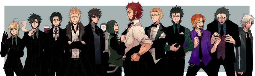 artoria pendragon, saber, gilgamesh, kotomine kirei, iskandar, and 9 more (fate and 1 more) drawn by sudachips