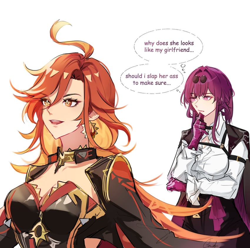 kafka and mavuika (genshin impact and 3 more) drawn by glaciel