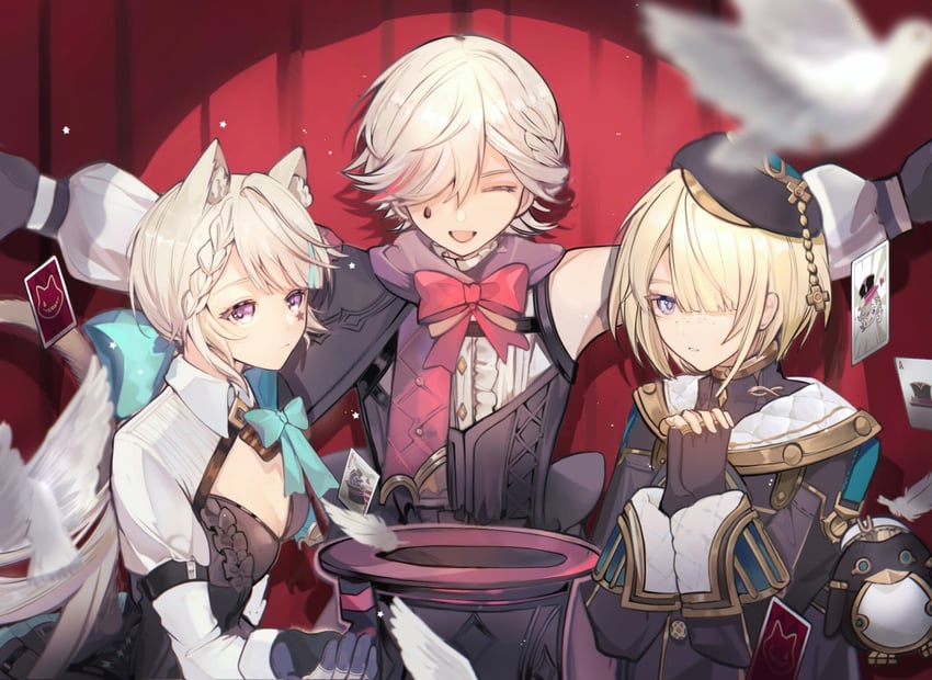lynette, lyney, freminet, and pers (genshin impact) drawn by minami_branch_peach