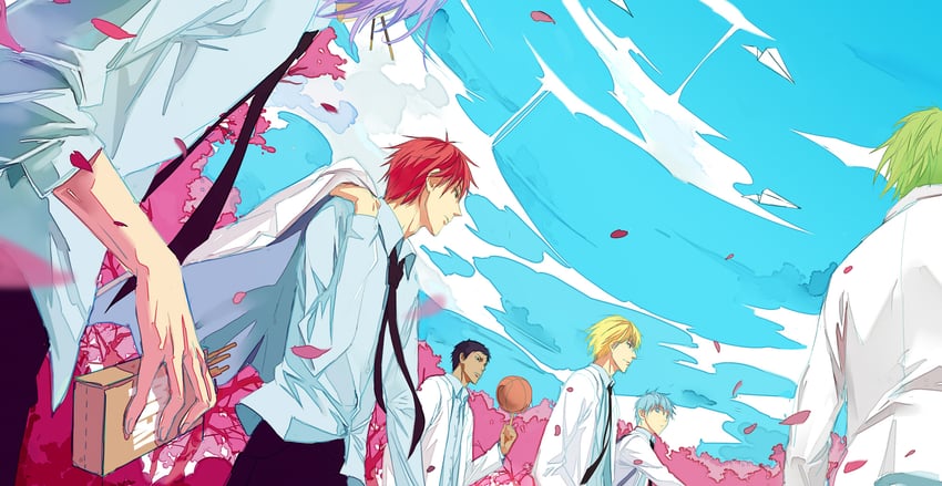 kuroko tetsuya, aomine daiki, kise ryouta, akashi seijuurou, midorima shintarou, and 1 more (kuroko no basuke) drawn by niaoniaoyoo