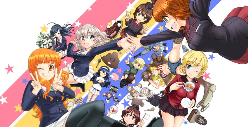 nishizumi miho, darjeeling, nishizumi maho, itsumi erika, anchovy, and 11 more (girls und panzer) drawn by sutahiro_(donta)