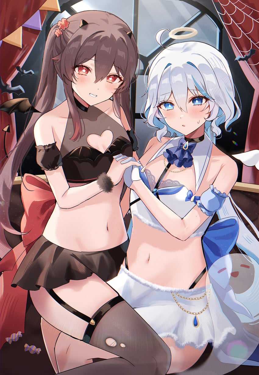 hu tao, furina, and boo tao (genshin impact) drawn by rim_(ririm711)