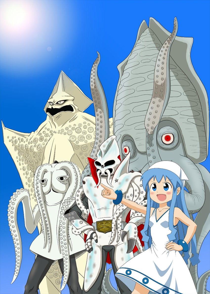 ikamusume, ikadevil, gezora, ikageruge, and ikagerasu (kamen rider and 4 more) drawn by willysmc