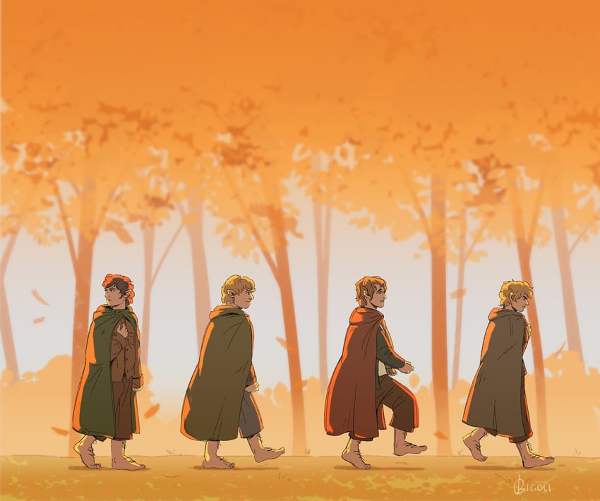 frodo baggins, samwise gamgee, peregrin took, and meriadoc brandybuck (tolkien's legendarium and 1 more) drawn by bigolialragu