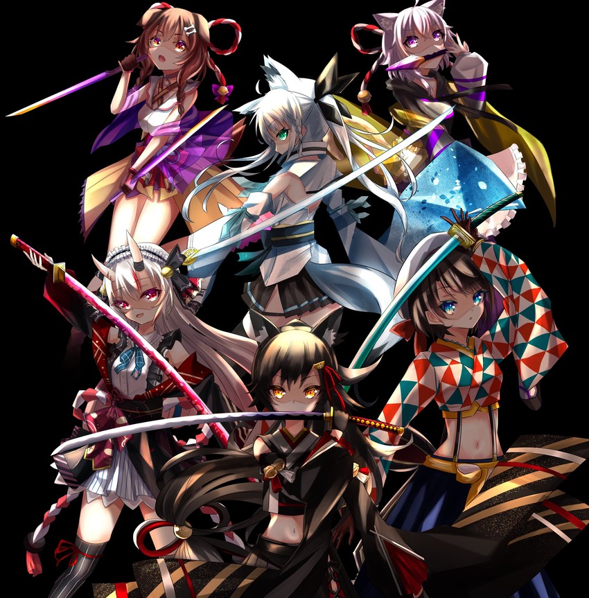 shirakami fubuki, nekomata okayu, ookami mio, oozora subaru, inugami korone, and 1 more (hololive) drawn by michitose_gusa