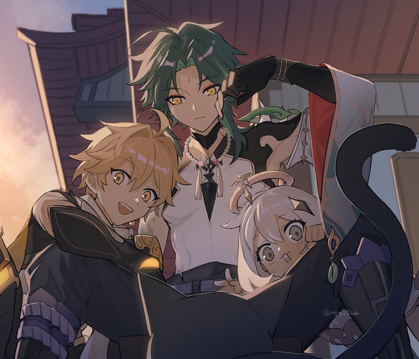 aether, paimon, and xiao (genshin impact) drawn by nagatani_(ngt_926)