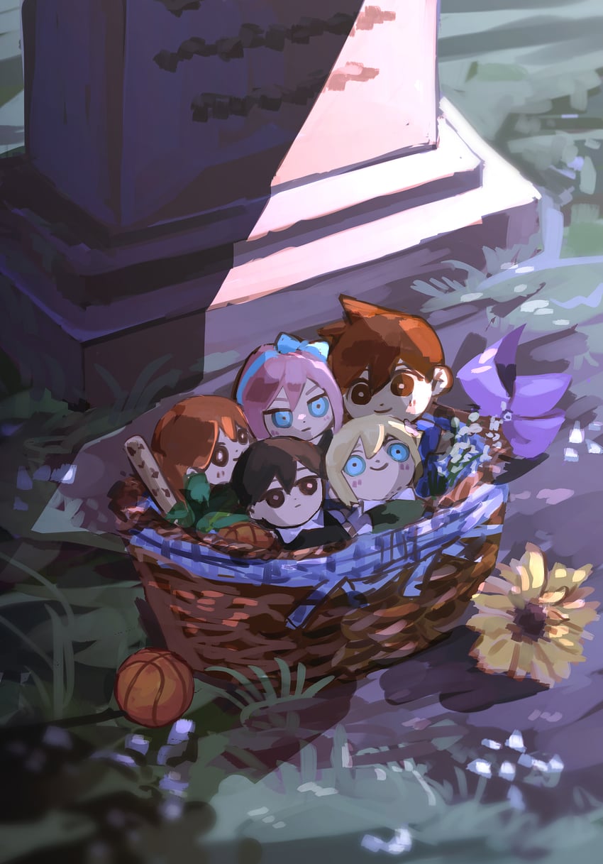 sunny, basil, aubrey, kel, and hero (omori) drawn by shakomori_w