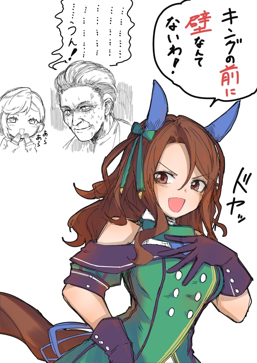 king halo, fukunaga yuuichi, and hosoe junko (umamusume and 1 more) drawn by maromaron_taitei