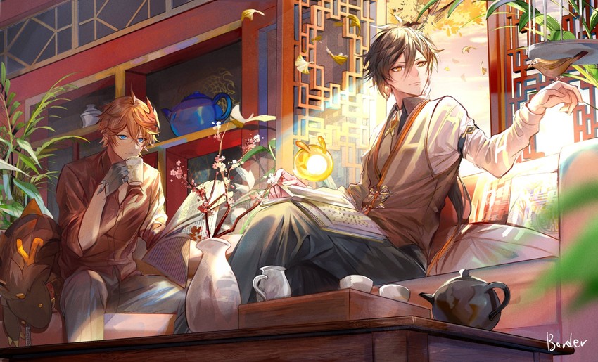 zhongli, tartaglia, seelie, and rex lapis (genshin impact) drawn by border0715