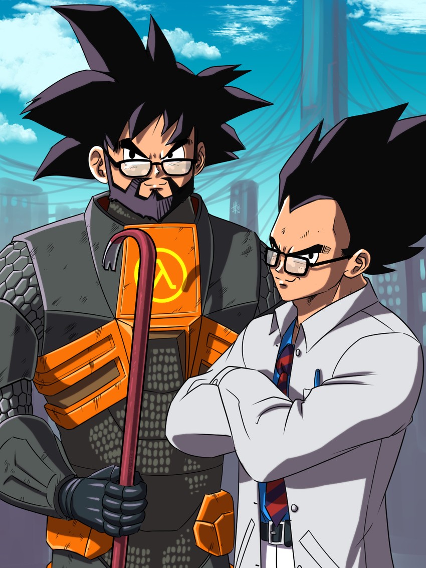 son goku, vegeta, gordon freeman, and black mesa science team (dragon ball and 3 more) drawn by substance20