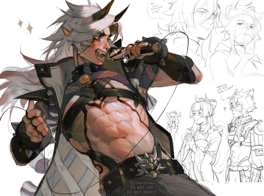 sangonomiya kokomi, arataki itto, and gorou (genshin impact) drawn by cawchan