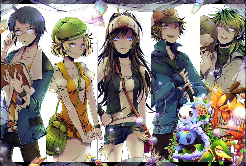 hilda, hilbert, n, oshawott, snivy, and 3 more (pokemon and 1 more) drawn by nai_kitsu
