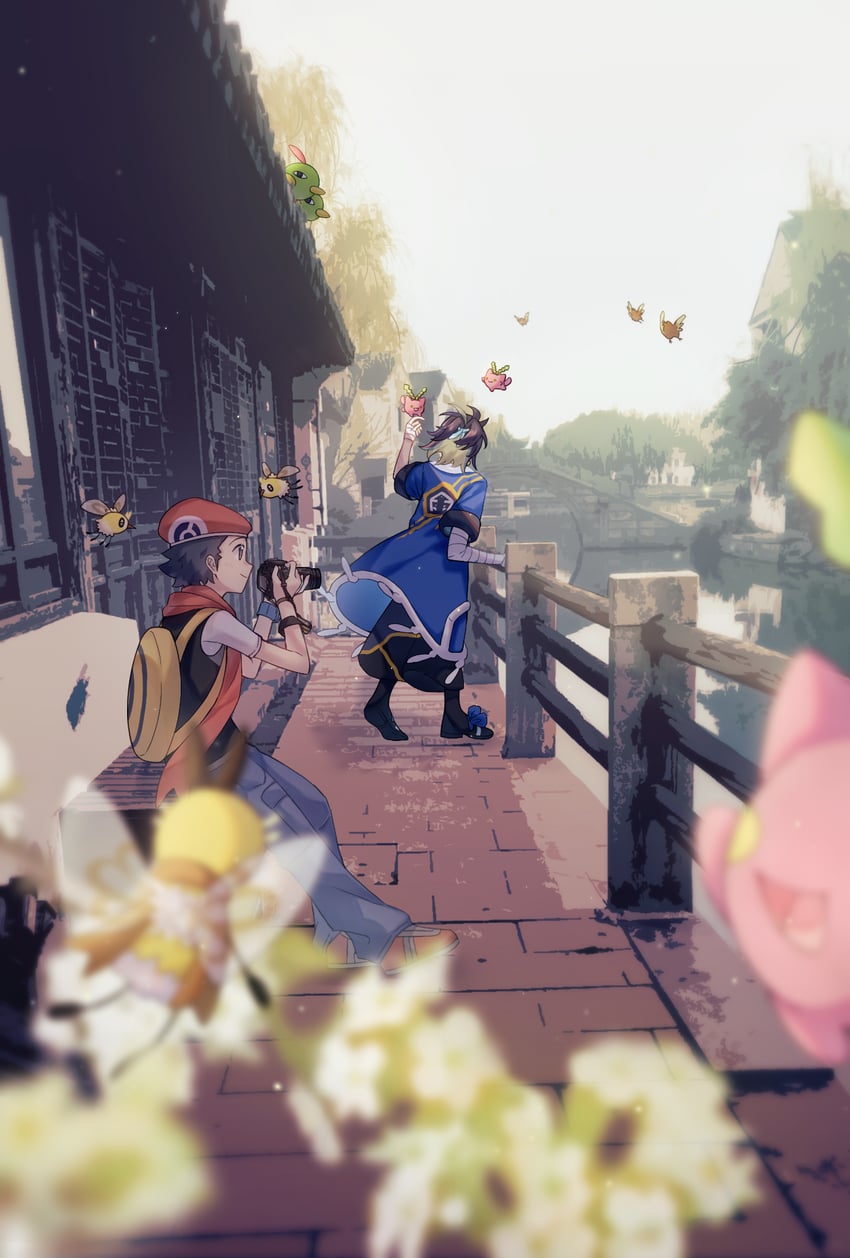 lucas, adaman, hoppip, cutiefly, pidgey, and 3 more (pokemon and 2 more) drawn by yue_(jinziyuezi)