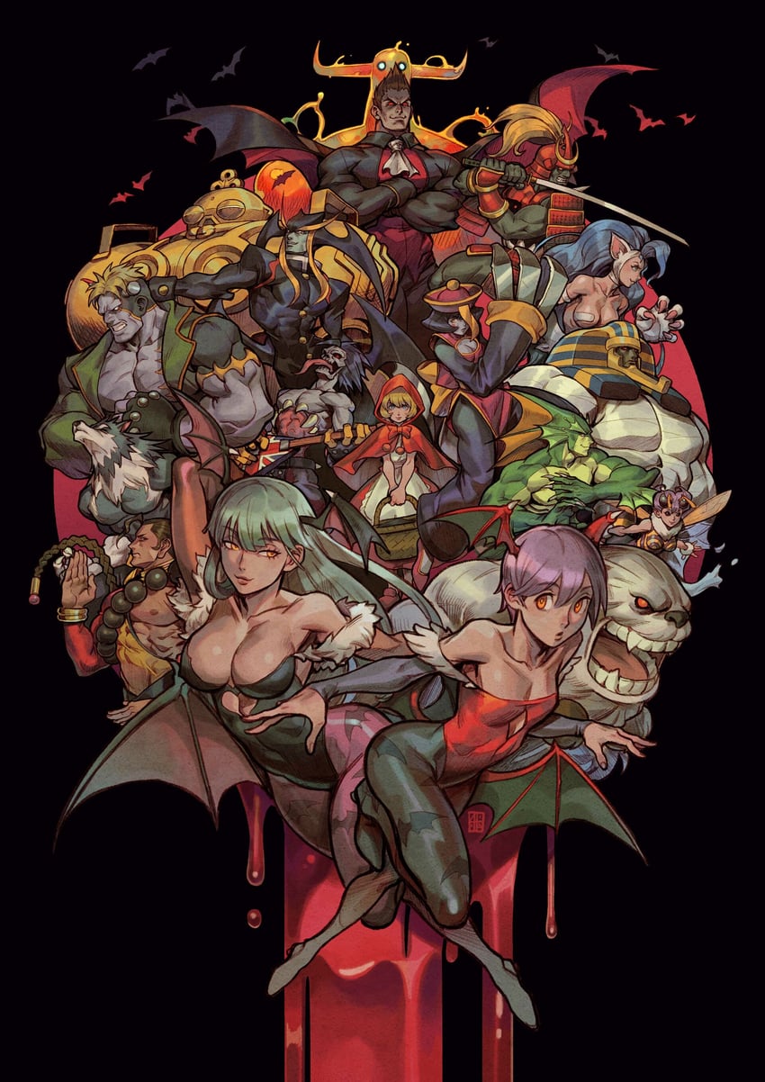 morrigan aensland, lilith, felicia, hsien-ko, b.b. hood, and 13 more (darkstalkers) drawn by absolum_art